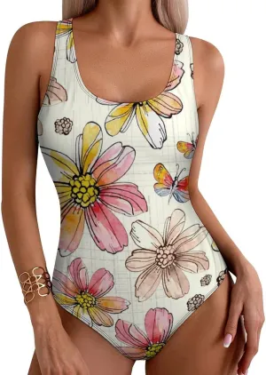 Distressed Floral Women One Piece Swimwears Criss Cross Back Scoop Neck Fashion Tummy Control Bathing Suits