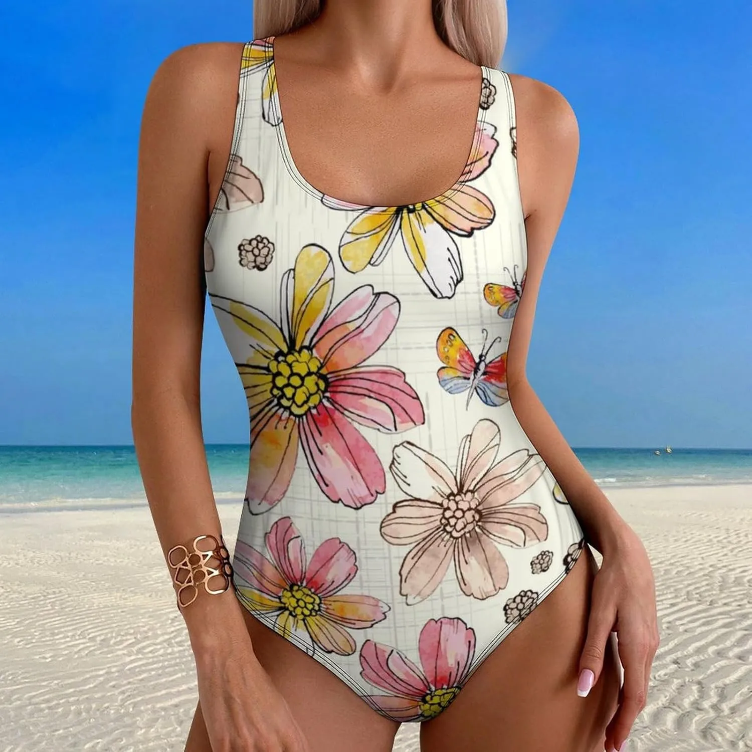 Distressed Floral Women One Piece Swimwears Criss Cross Back Scoop Neck Fashion Tummy Control Bathing Suits