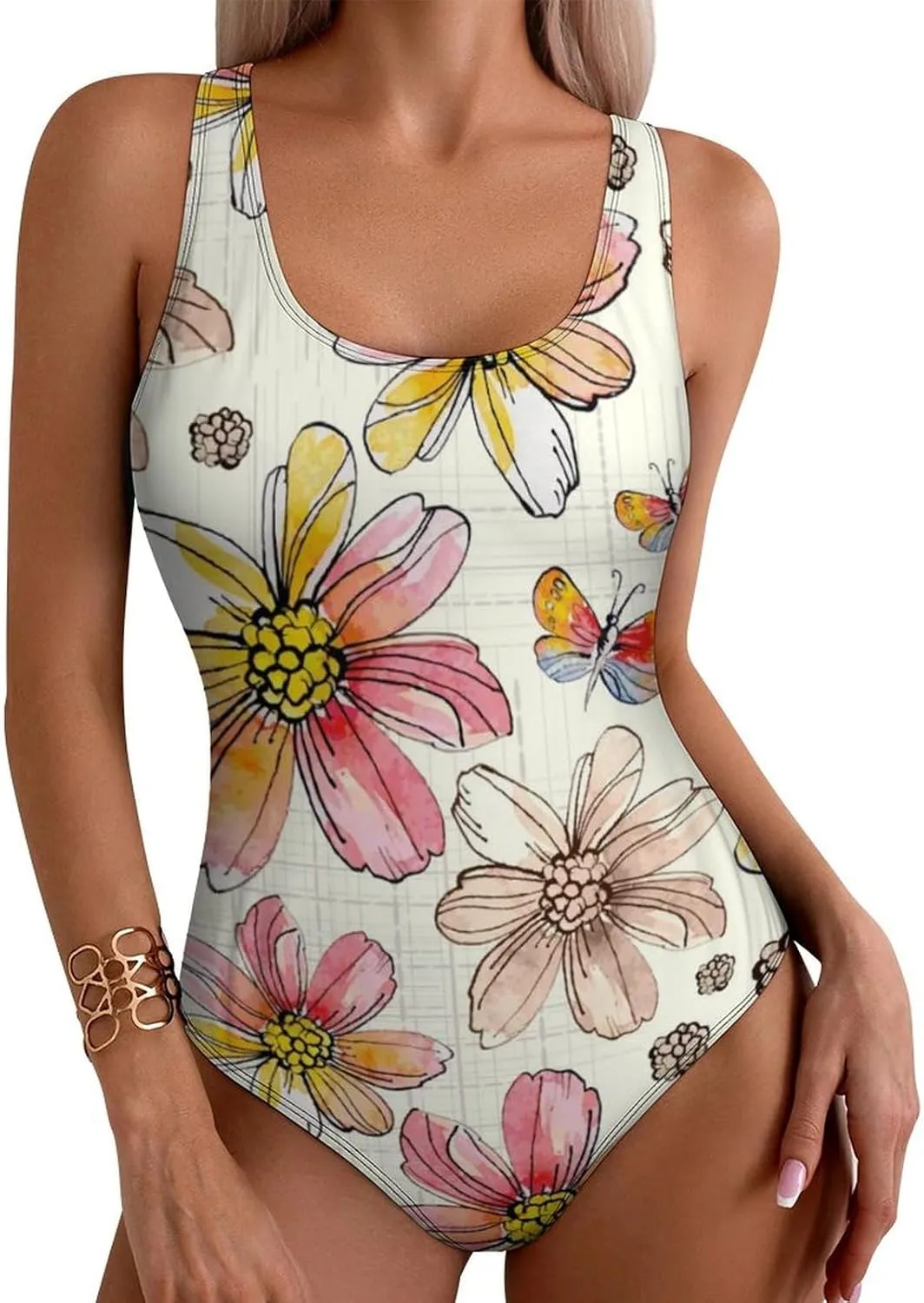Distressed Floral Women One Piece Swimwears Criss Cross Back Scoop Neck Fashion Tummy Control Bathing Suits