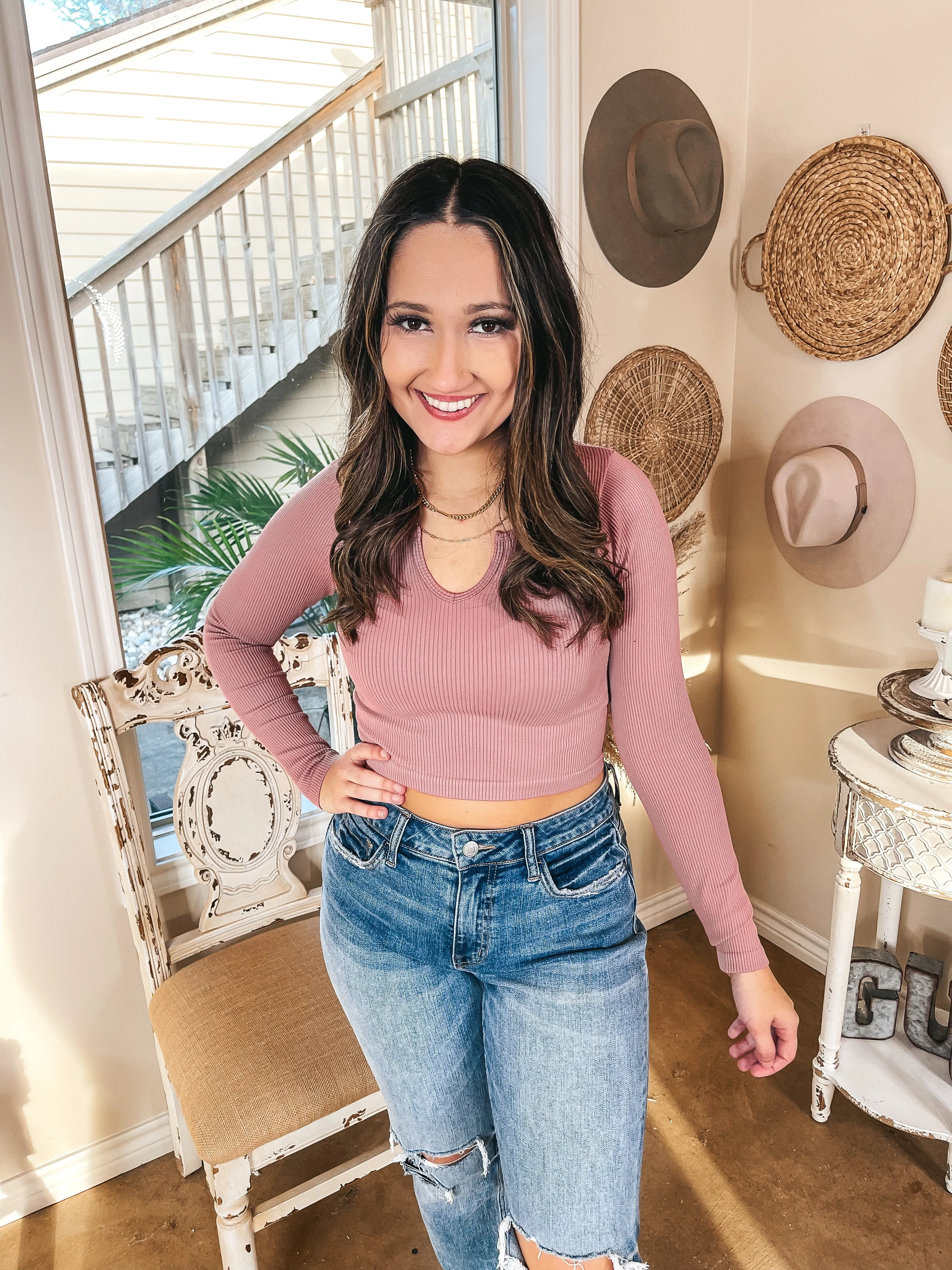 Dream Babe Notched Neckline Crop Long Sleeve Top in Ash Rose