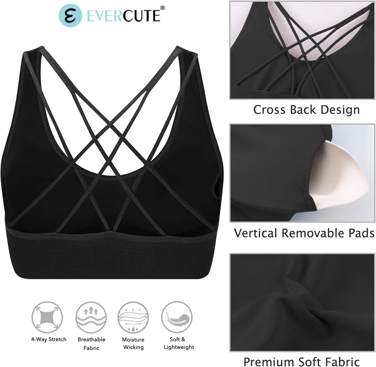 Evercute Cross Back Sport Bras Padded Strappy Medium Support Cropped Bras for Yoga Workout Fitness Bras