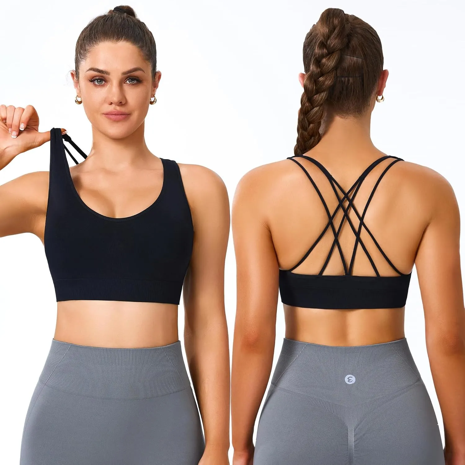 Evercute Cross Back Sport Bras Padded Strappy Medium Support Cropped Bras for Yoga Workout Fitness Bras