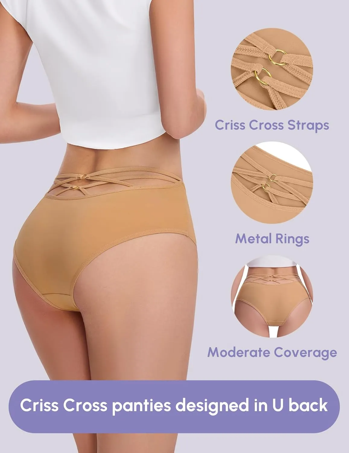 FallSweet High Waisted Underwear for Women Criss Cross Back Comfy Briefs Panties Pack