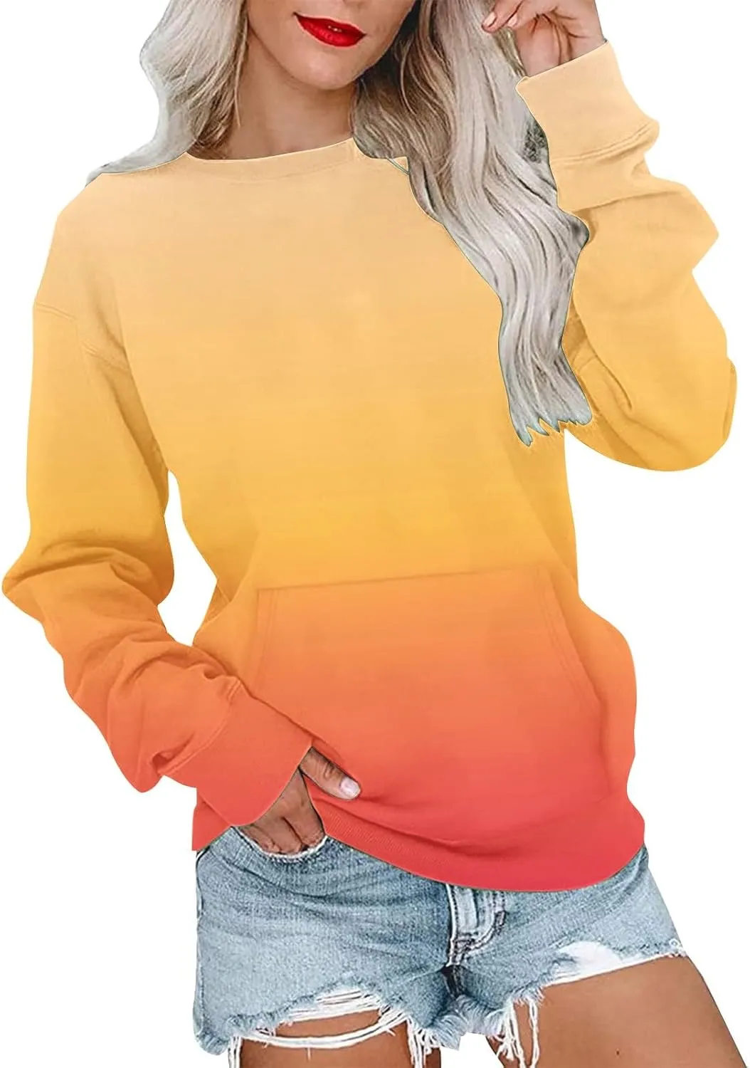 Firzero Crewneck Sweatshirts Women Cute Tie Dye Gradient Pullover Tops Loose Long Sleeve Oversized Sweatshirt