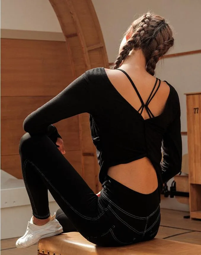 Fitness sports long-sleeved yoga clothes tops running training sexy beauty back blouses dance clothes