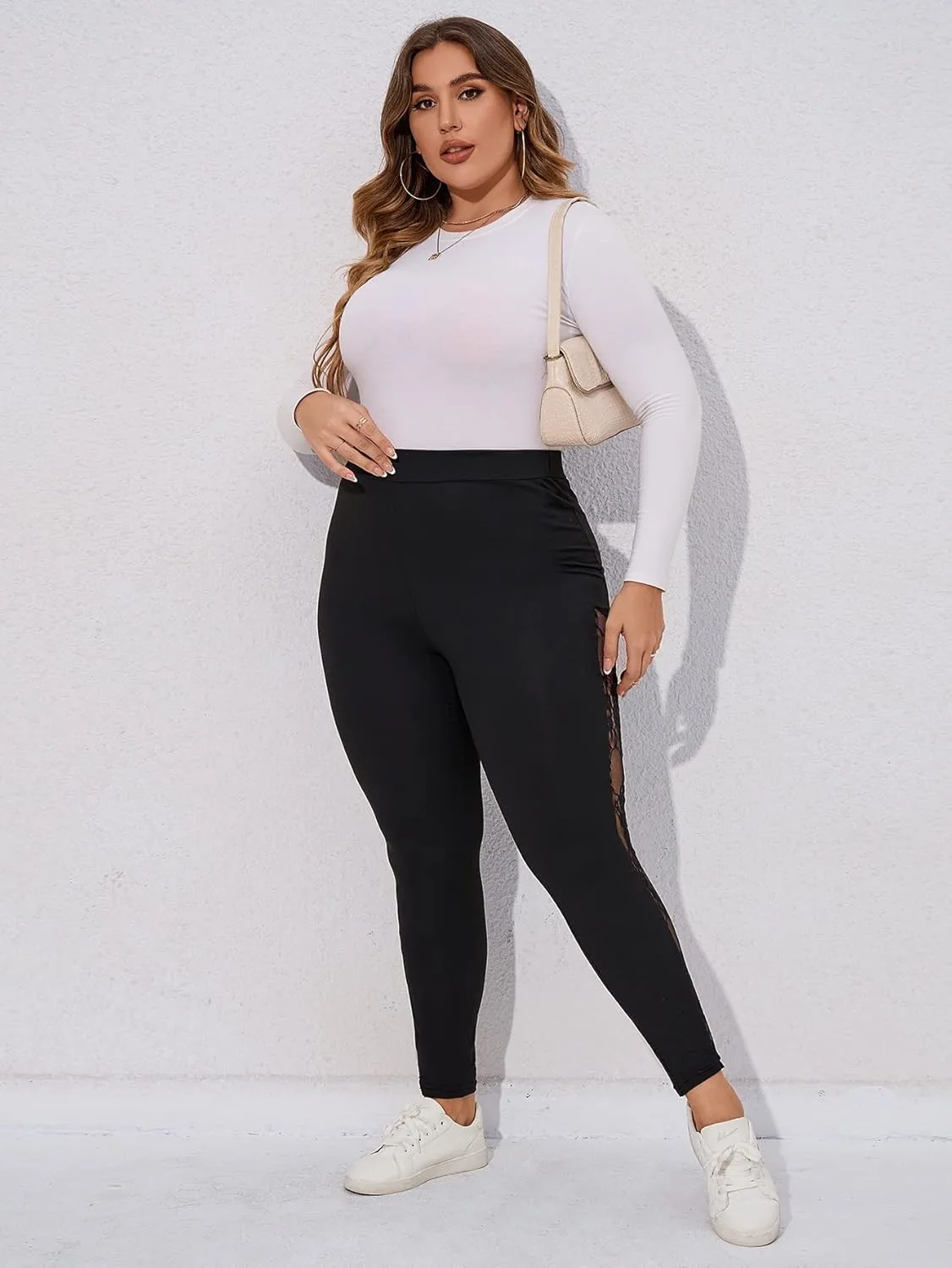 Floerns Women's Plus Size Mesh Panel Side High Waist Leggings Workout Yoga Pants