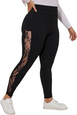Floerns Women's Plus Size Mesh Panel Side High Waist Leggings Workout Yoga Pants