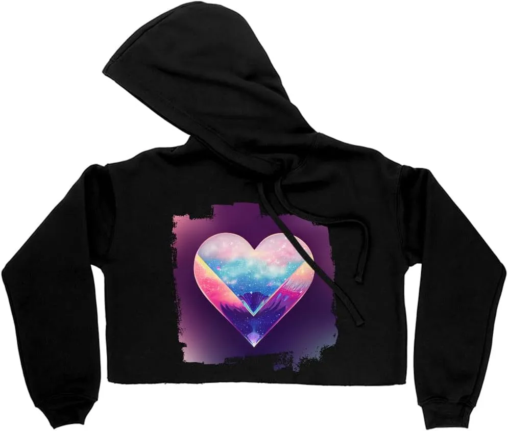 Galaxy Heart Women's Cropped Fleece Hoodie - Graphic Cropped Hoodie for Women - Colorful Hooded Sweatshirt