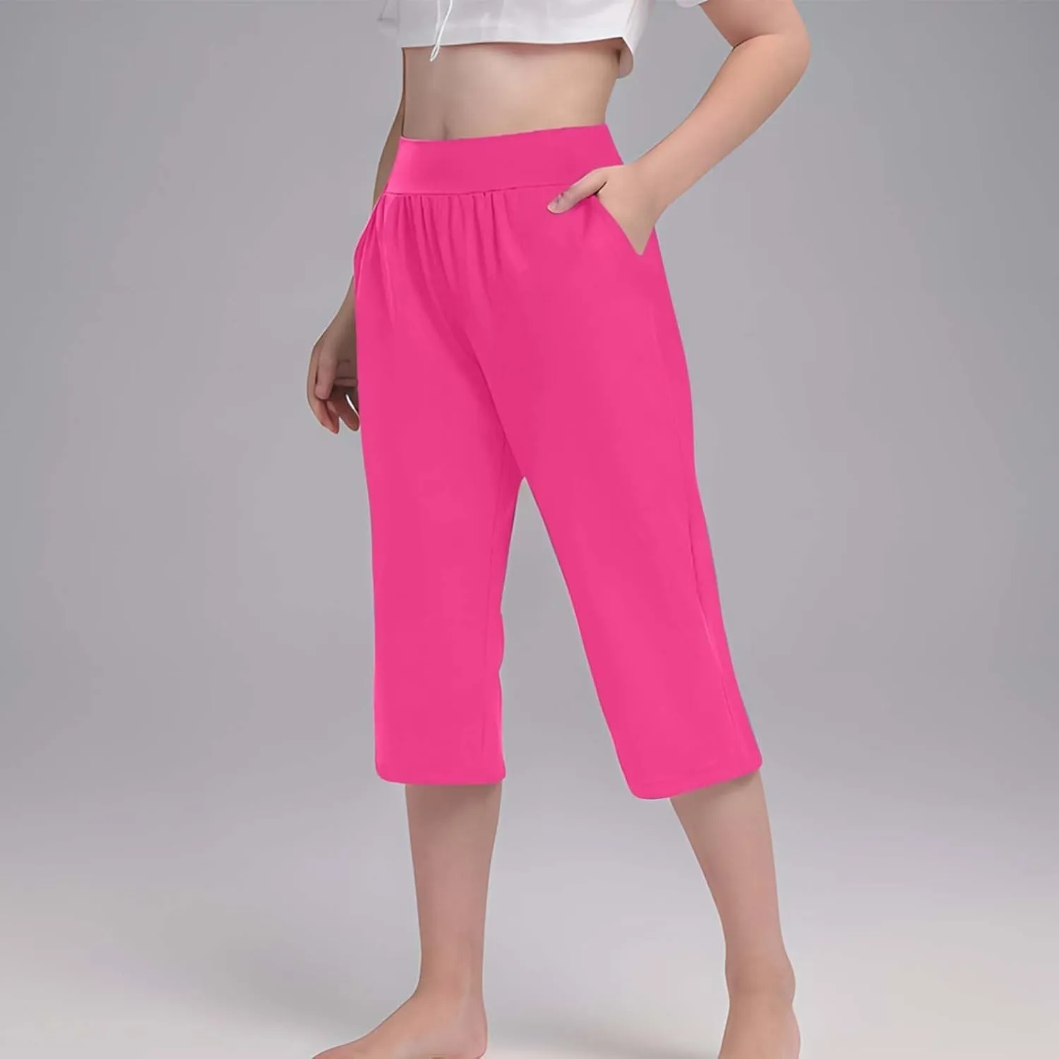 Girls Capri Leggings Elastic High Waisted Compression Pants Stretch Active Yoga Tights for Kids Teen Workout Running