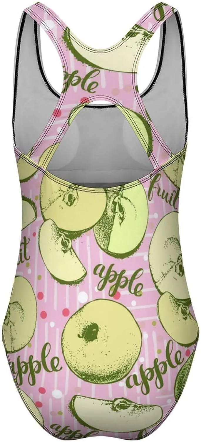 Green Apples Lady One Piece Swimsuit Criss Cross Back Scoop Neck Breathable Tummy Control Bathing Suits