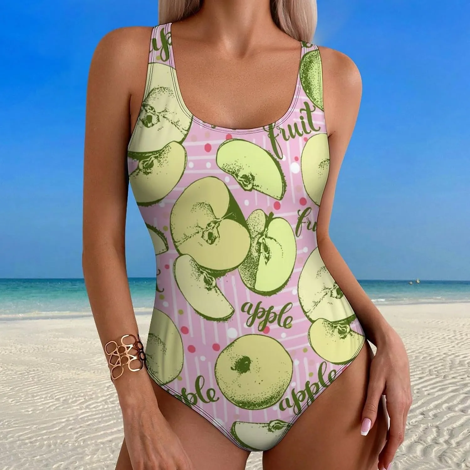 Green Apples Lady One Piece Swimsuit Criss Cross Back Scoop Neck Breathable Tummy Control Bathing Suits