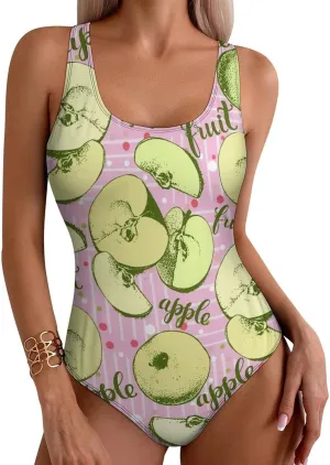 Green Apples Lady One Piece Swimsuit Criss Cross Back Scoop Neck Breathable Tummy Control Bathing Suits