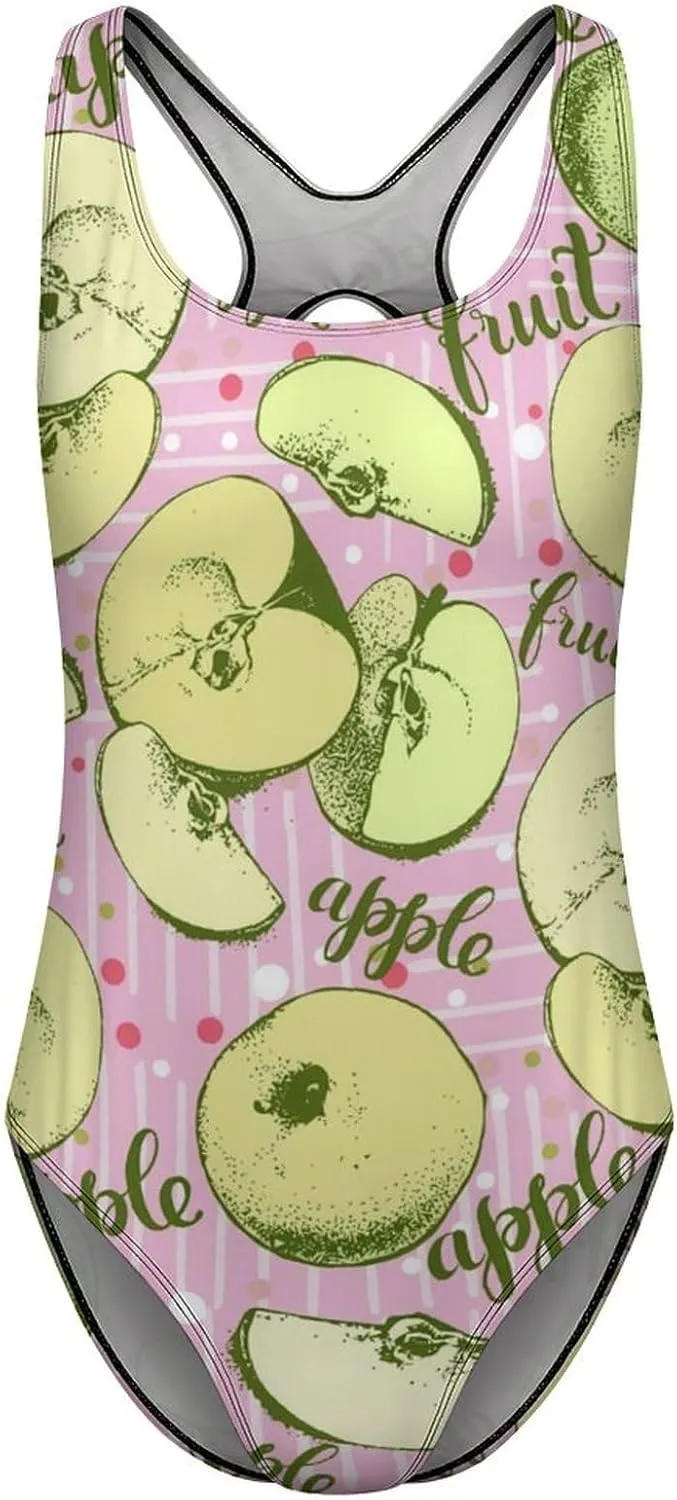 Green Apples Lady One Piece Swimsuit Criss Cross Back Scoop Neck Breathable Tummy Control Bathing Suits