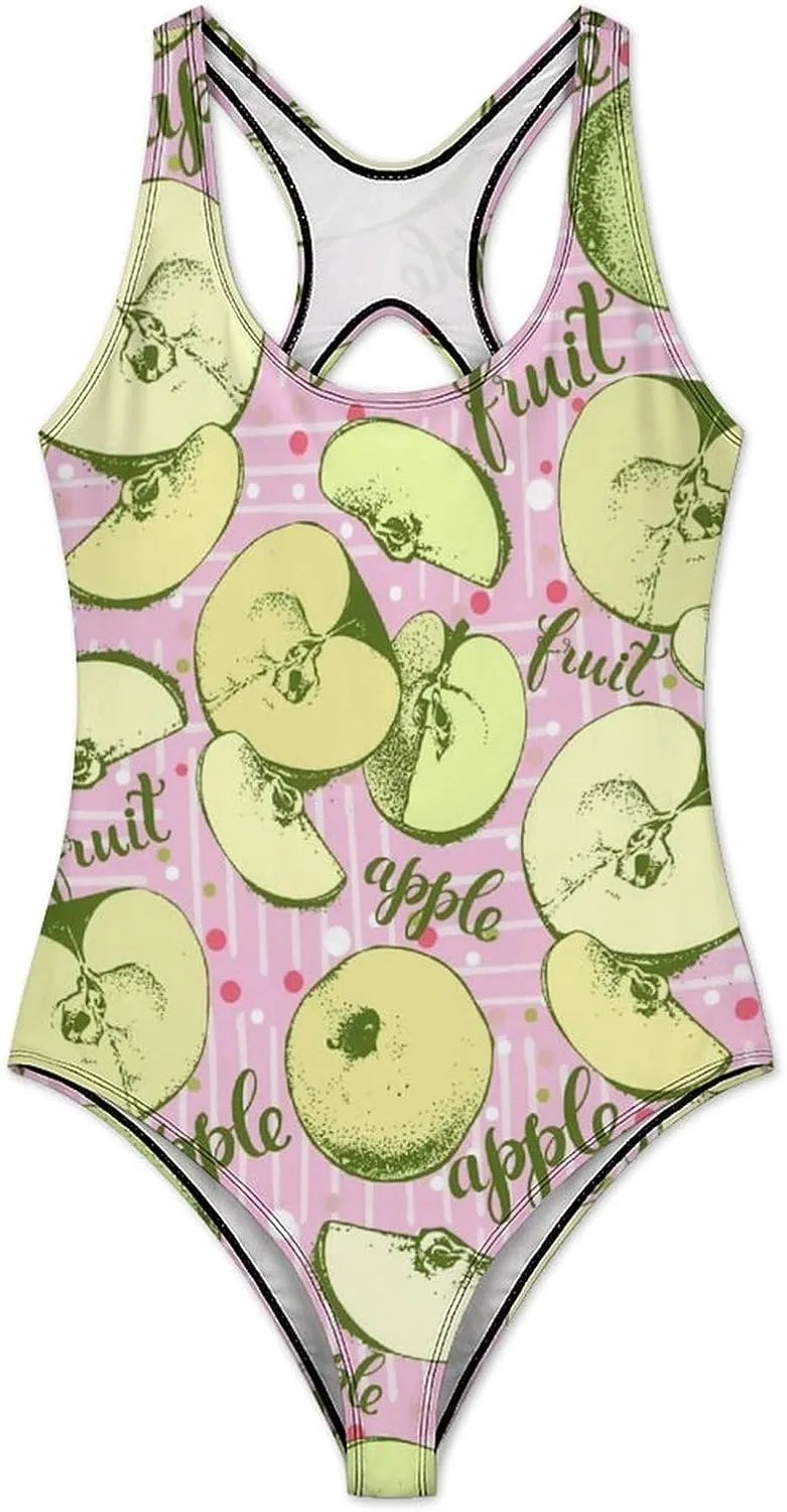 Green Apples Lady One Piece Swimsuit Criss Cross Back Scoop Neck Breathable Tummy Control Bathing Suits