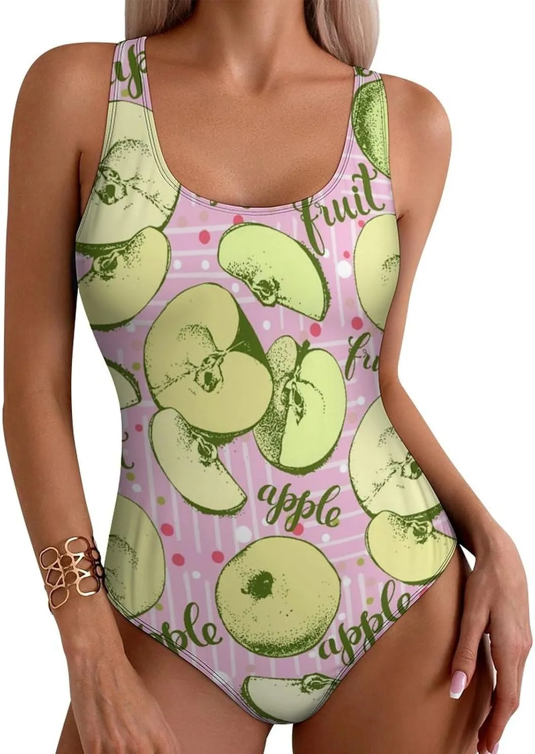 Green Apples Lady One Piece Swimsuit Criss Cross Back Scoop Neck Breathable Tummy Control Bathing Suits