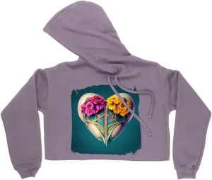 Heart Flower Women's Cropped Fleece Hoodie - Floral Cropped Hoodie for Women - Graphic Hooded Sweatshirt