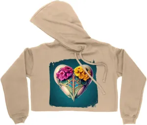 Heart Flower Women's Cropped Fleece Hoodie - Floral Cropped Hoodie for Women - Graphic Hooded Sweatshirt