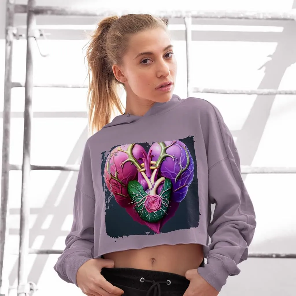 Heart Shape Women's Cropped Fleece Hoodie - Fantasy Cropped Hoodie for Women - Flower Hooded Sweatshirt