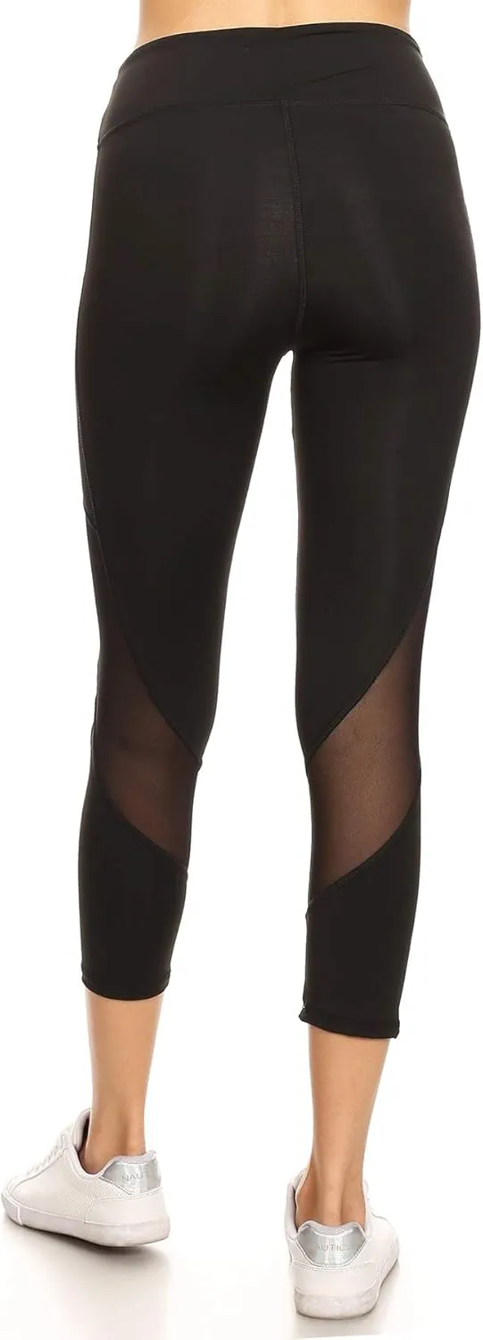 High Waist Black Mesh Panel Leggings Women Workout Yoga Pants Side Pockets Tummy Control Moisture-Wicking Compression Fit