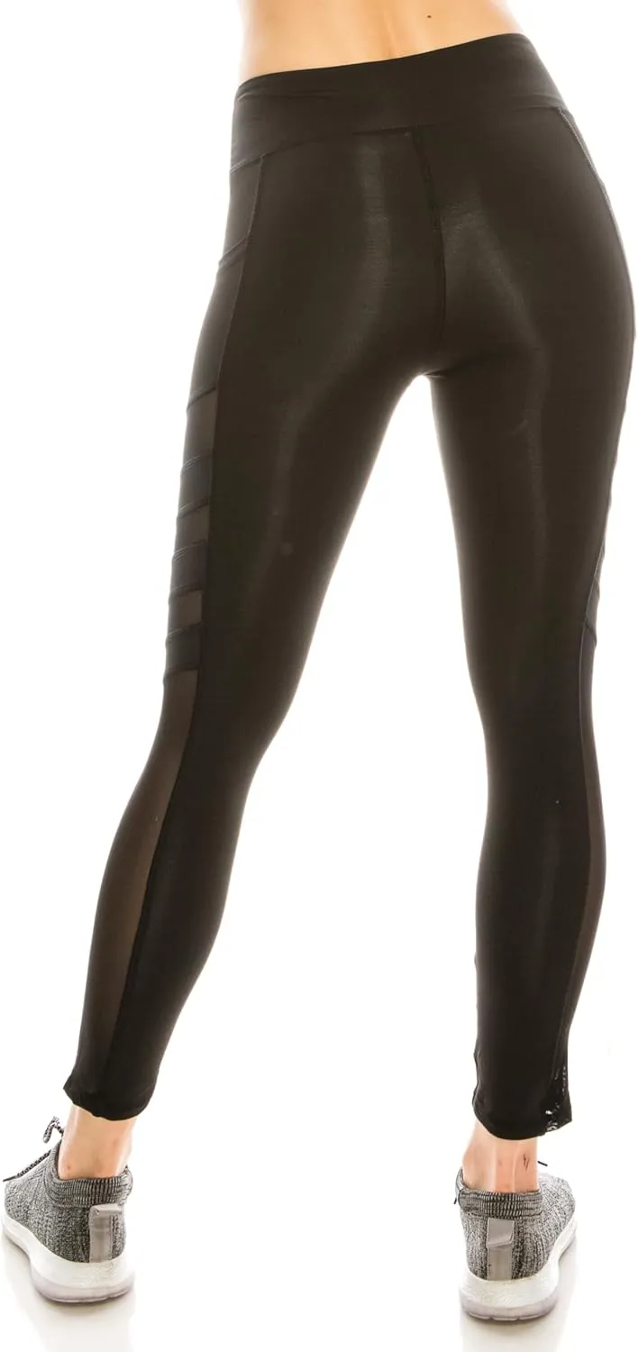High Waist Black Mesh Panel Leggings Women Workout Yoga Pants Side Pockets Tummy Control Moisture-Wicking Compression Fit