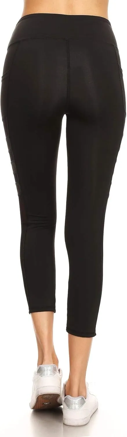 High Waist Black Mesh Panel Leggings Women Workout Yoga Pants Side Pockets Tummy Control Moisture-Wicking Compression Fit