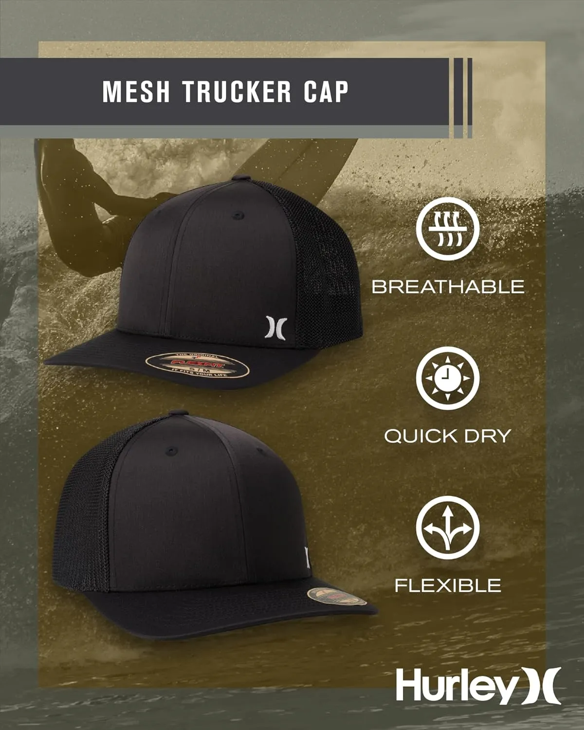 Hurley Men's Caps - Mini Icon Mesh Panel Baseball Cap - Fitted Hats for Men