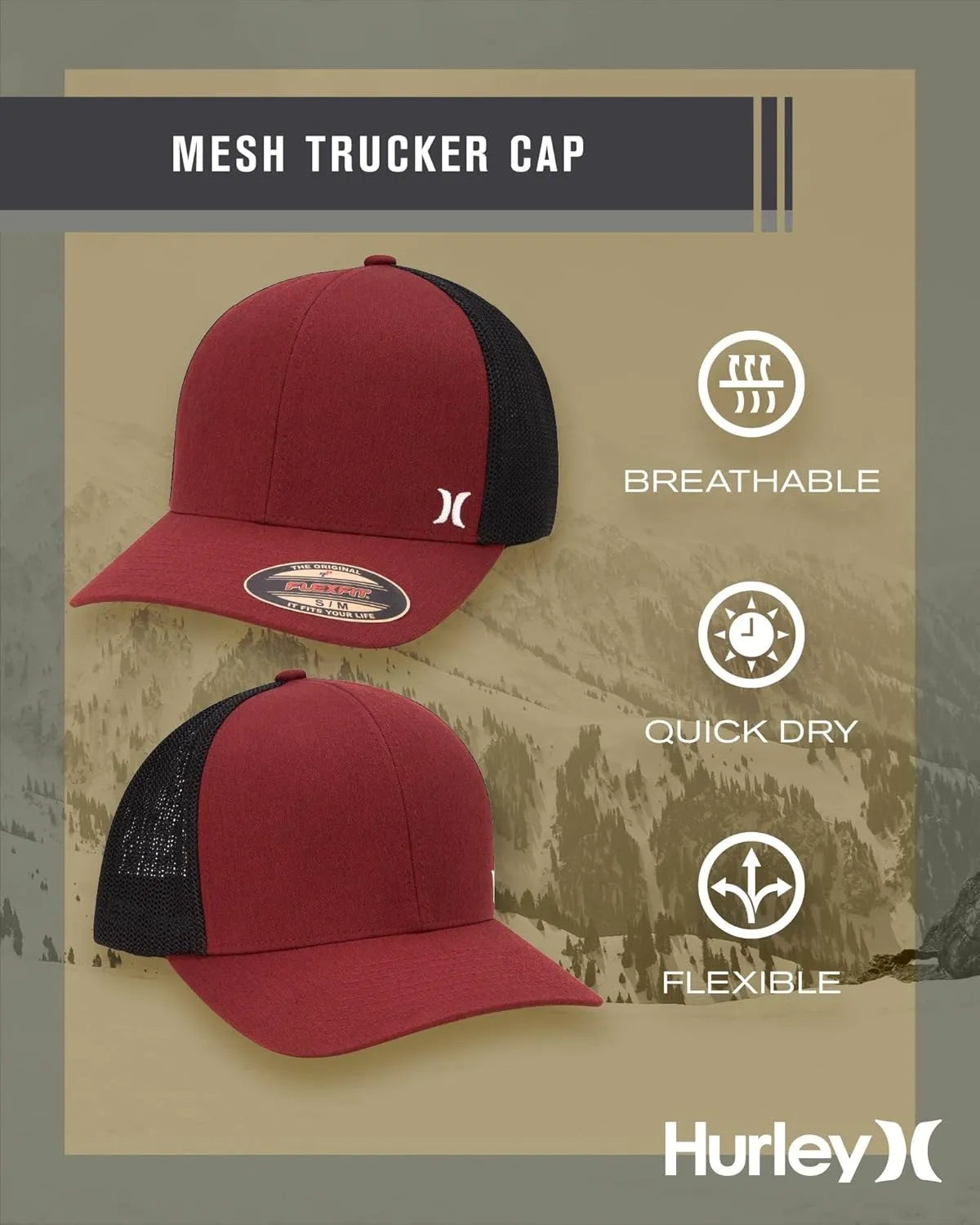 Hurley Men's Caps - Mini Icon Mesh Panel Baseball Cap - Fitted Hats for Men