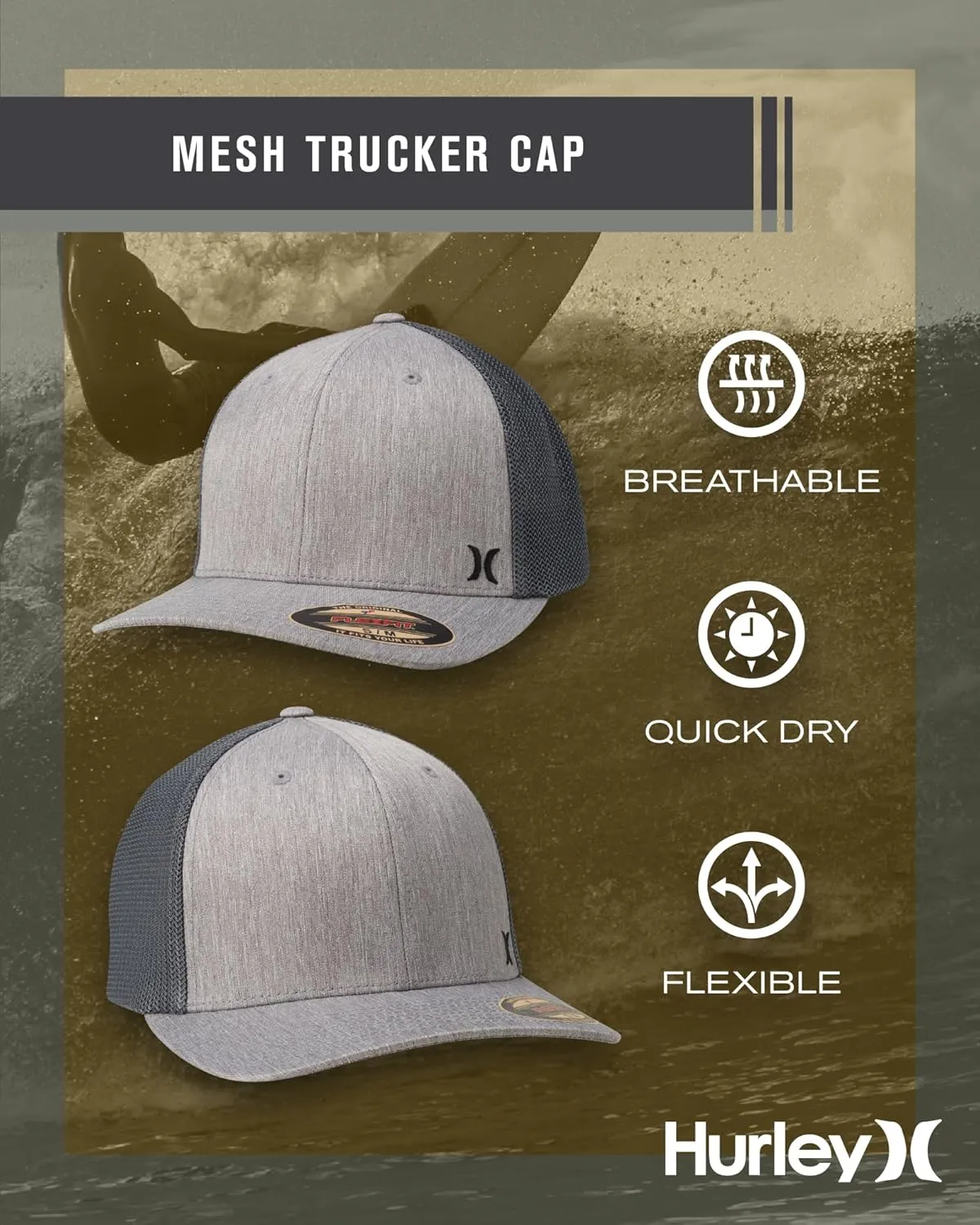 Hurley Men's Caps - Mini Icon Mesh Panel Baseball Cap - Fitted Hats for Men