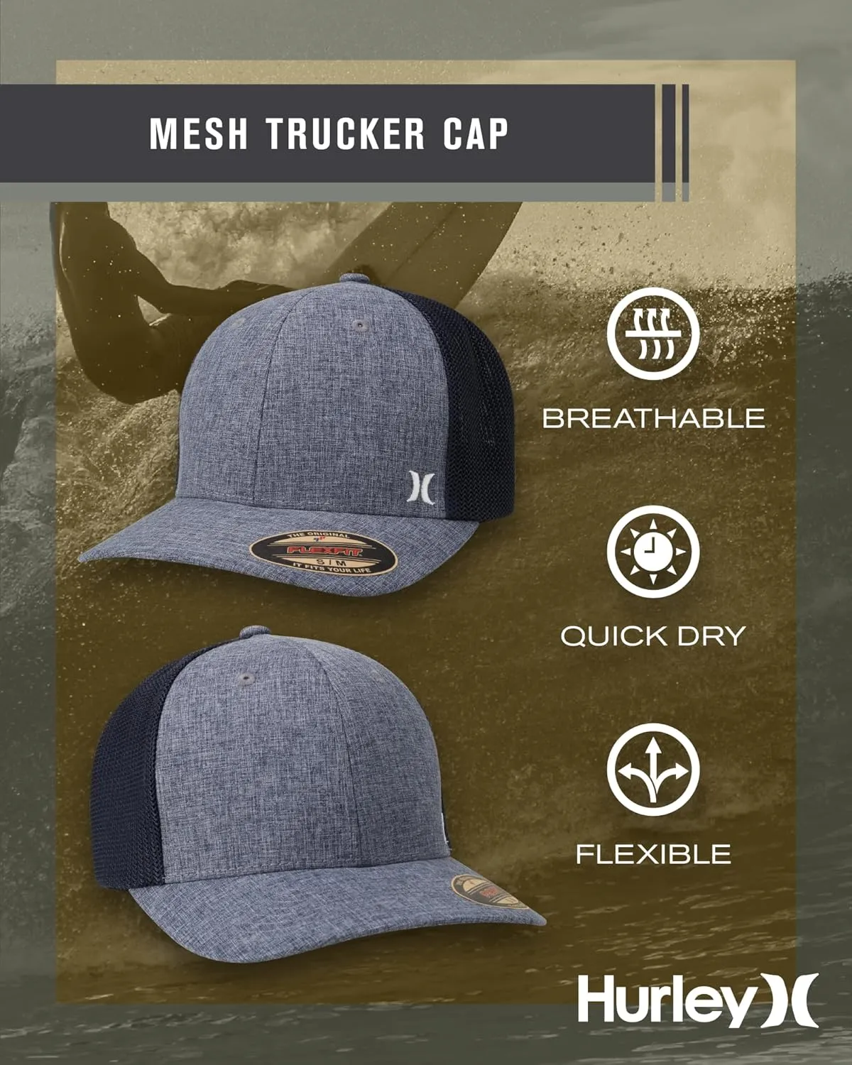 Hurley Men's Caps - Mini Icon Mesh Panel Baseball Cap - Fitted Hats for Men