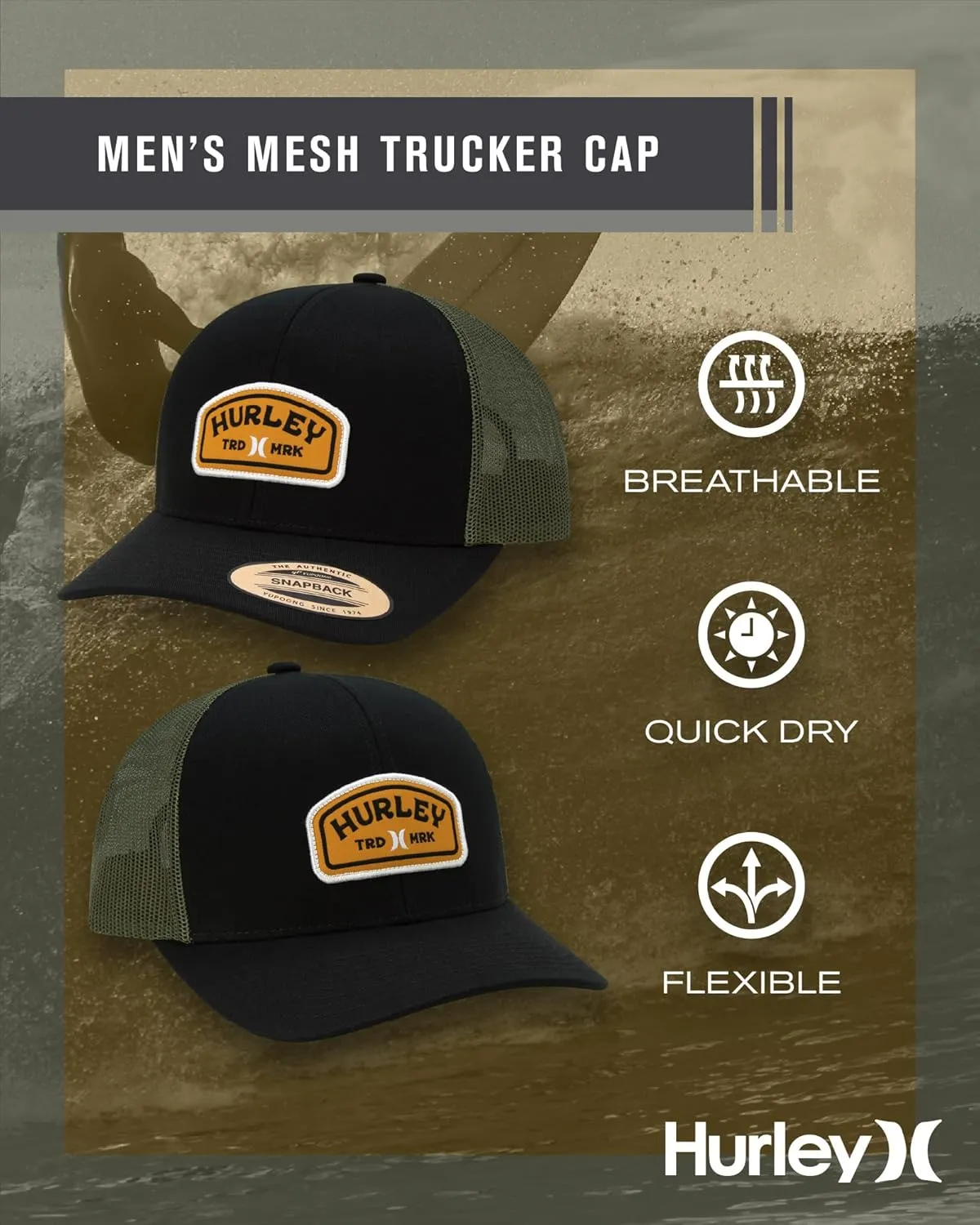 Hurley Men's Trucker Hat - Curved Bill Regular Fit Left Coast Baseball Cap for Men - Snap Back Mesh Panel Ball Cap