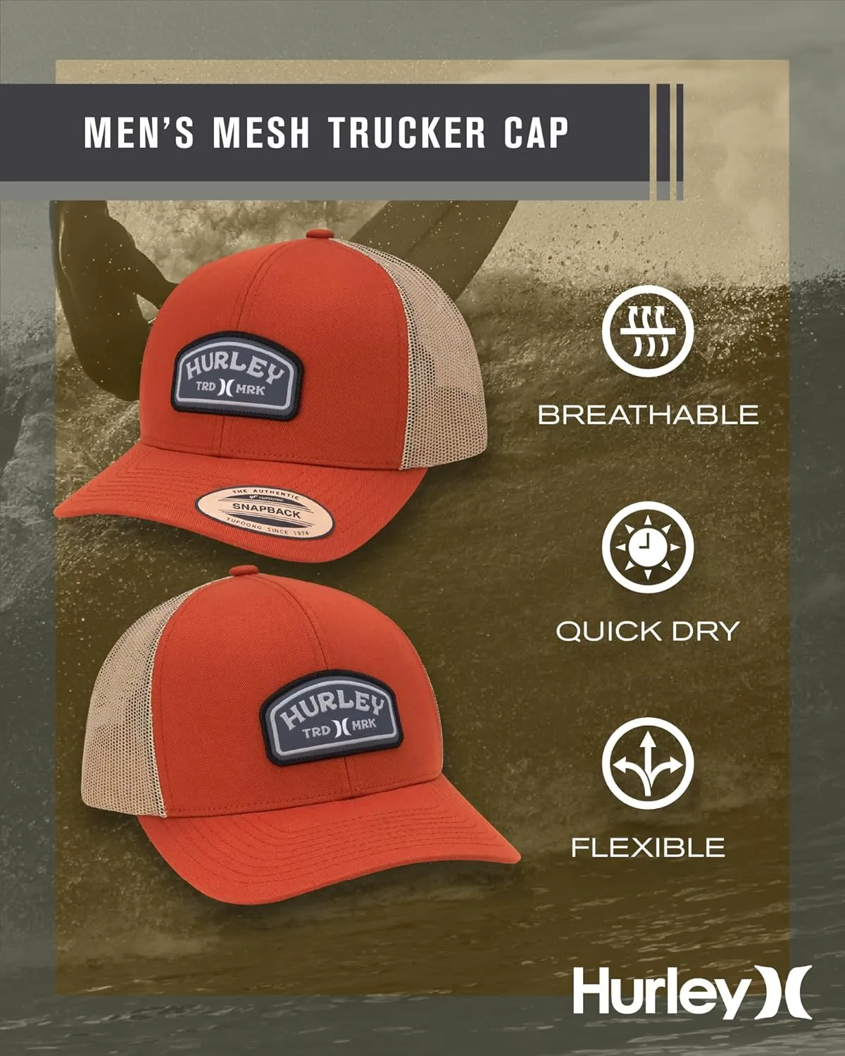 Hurley Men's Trucker Hat - Curved Bill Regular Fit Left Coast Baseball Cap for Men - Snap Back Mesh Panel Ball Cap
