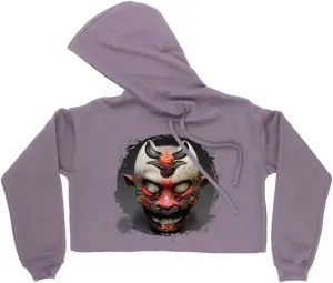 Japanese Graphic Women's Cropped Fleece Hoodie - Demon Cropped Hoodie for Women - Hannya Hooded Sweatshirt