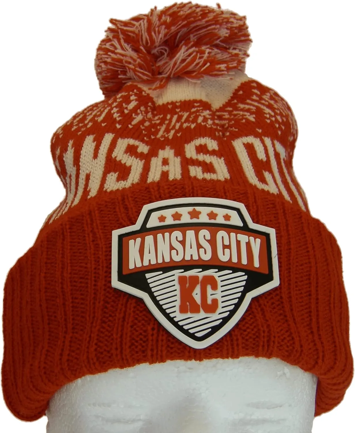 Kansas City Rubber Patch Ribbed Winter Knit Pom Beanie