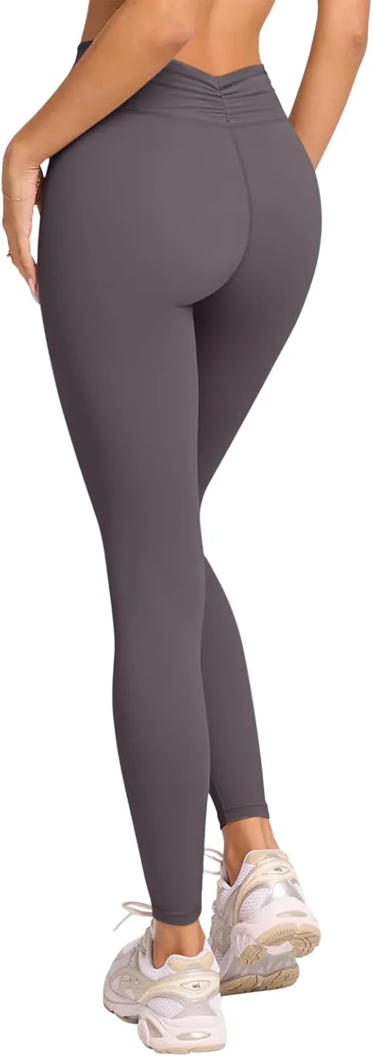 LASLULU V-High Waisted Workout Leggings for Women 28" Gathered Buttery Soft Compression Leggings Yoga Workout Pants