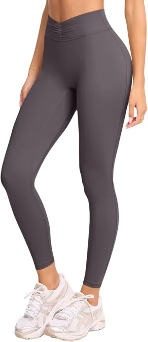 LASLULU V-High Waisted Workout Leggings for Women 28" Gathered Buttery Soft Compression Leggings Yoga Workout Pants