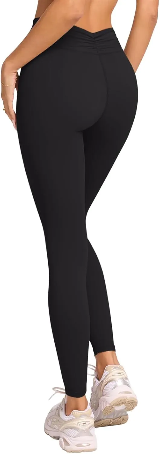 LASLULU V-High Waisted Workout Leggings for Women 28" Gathered Buttery Soft Compression Leggings Yoga Workout Pants