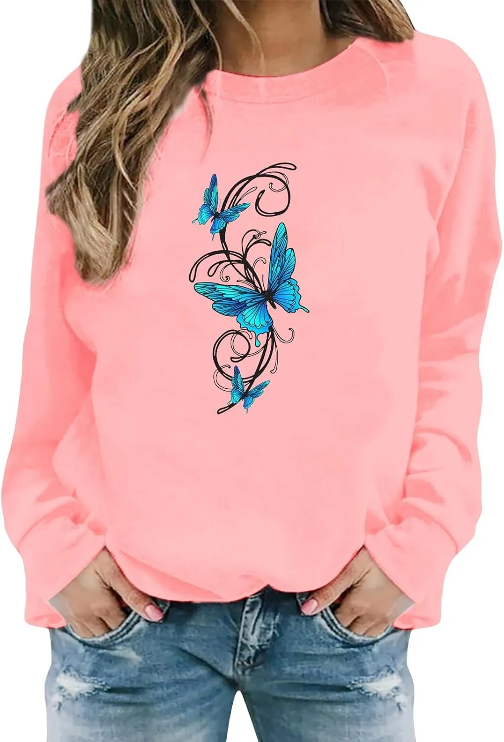 LCMTWX Crewneck Sweatshirts Women Sweatshirt Women's Butterfly Print Casual Fashion Sweatshirt Top Womens Popular Sweaters