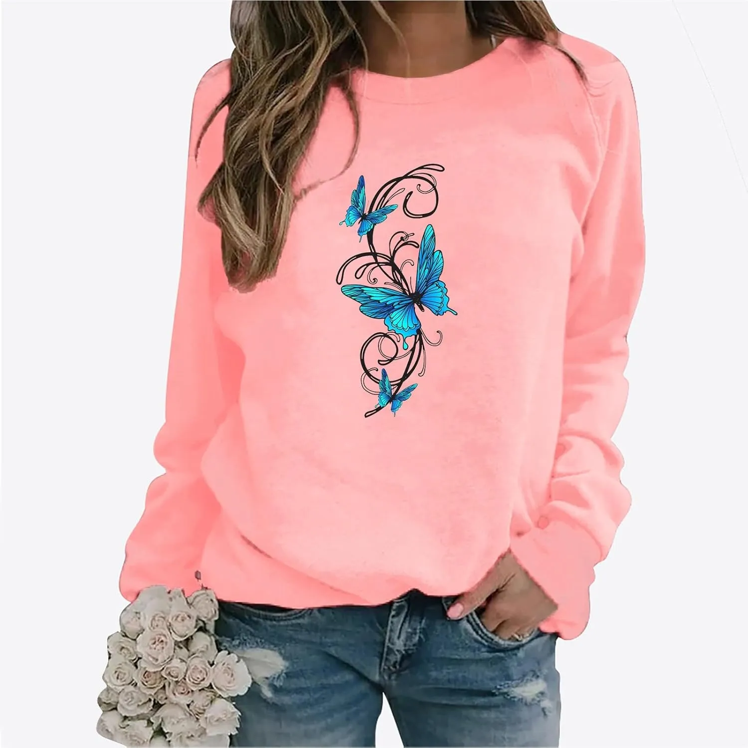 LCMTWX Crewneck Sweatshirts Women Sweatshirt Women's Butterfly Print Casual Fashion Sweatshirt Top Womens Popular Sweaters
