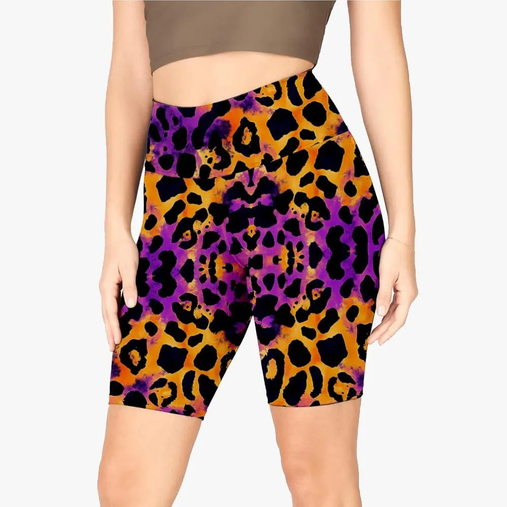 Leopard Biker Shorts for Women - Exotic Women's High Waisted Workout Biker Shorts with Pockets Yoga Gym Running