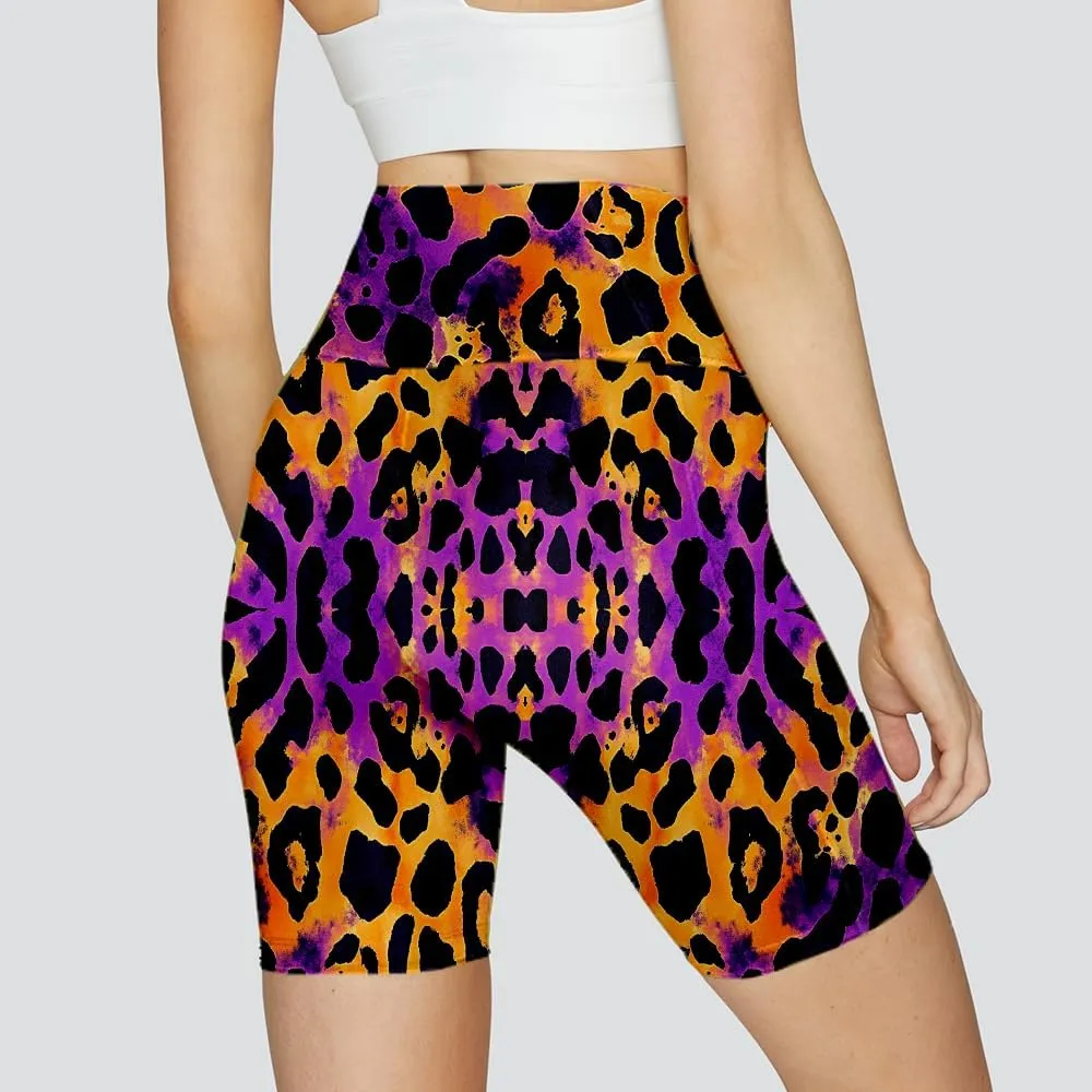 Leopard Biker Shorts for Women - Exotic Women's High Waisted Workout Biker Shorts with Pockets Yoga Gym Running