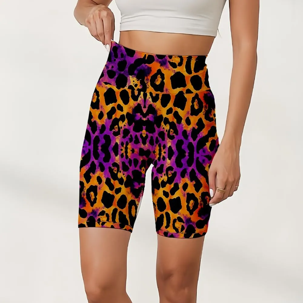 Leopard Biker Shorts for Women - Exotic Women's High Waisted Workout Biker Shorts with Pockets Yoga Gym Running