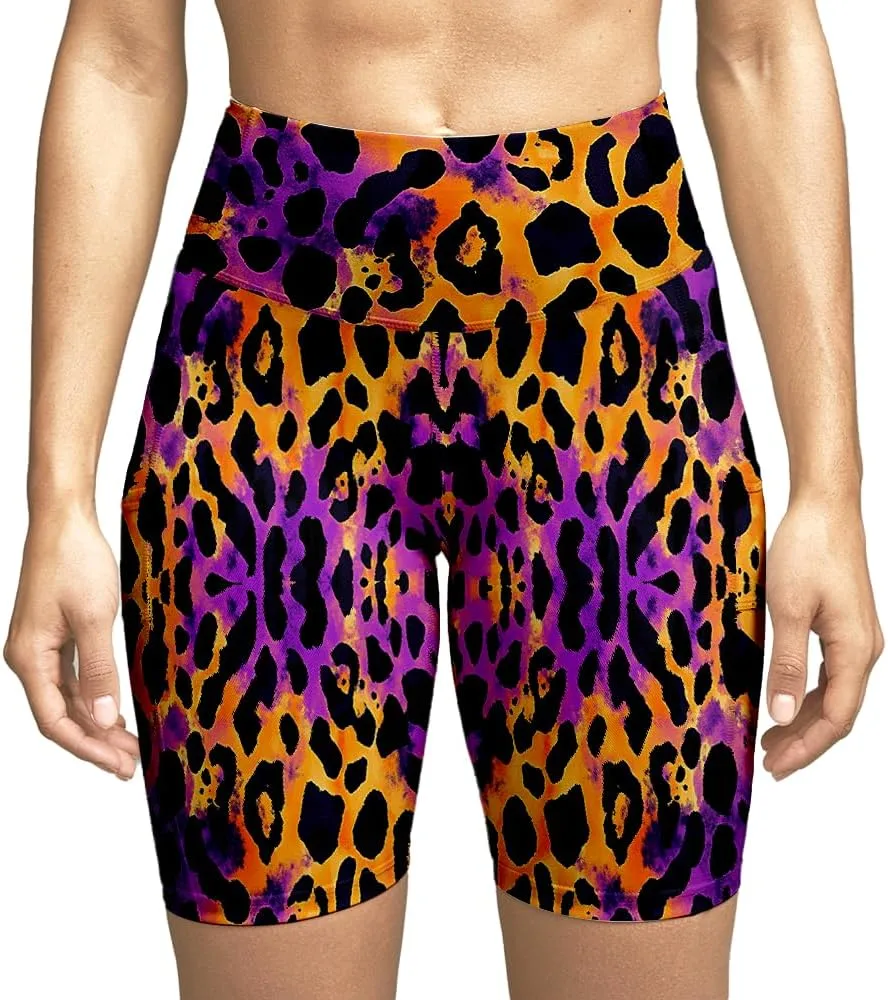 Leopard Biker Shorts for Women - Exotic Women's High Waisted Workout Biker Shorts with Pockets Yoga Gym Running