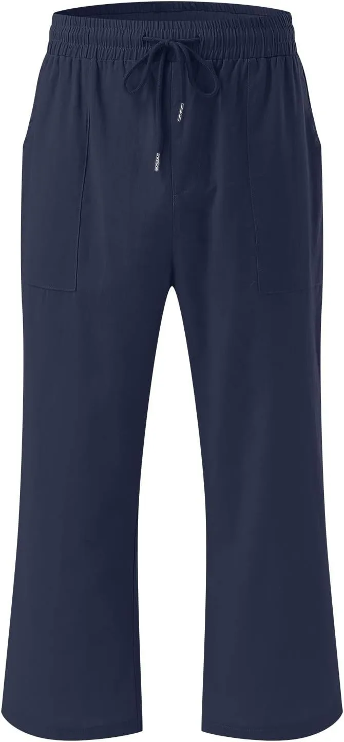 Linen Capri Pants for Women Summer 2025 Fashion Wide Leg Casual Pants Lightweight Loose Cropped Trousers with Pockets