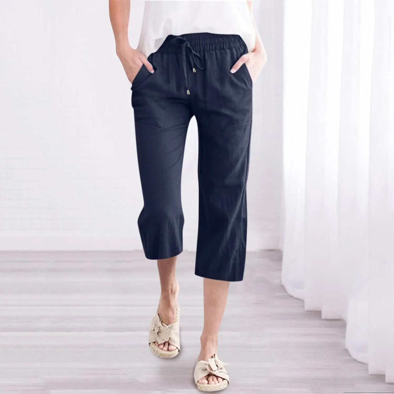 Linen Capri Pants for Women Summer 2025 Fashion Wide Leg Casual Pants Lightweight Loose Cropped Trousers with Pockets