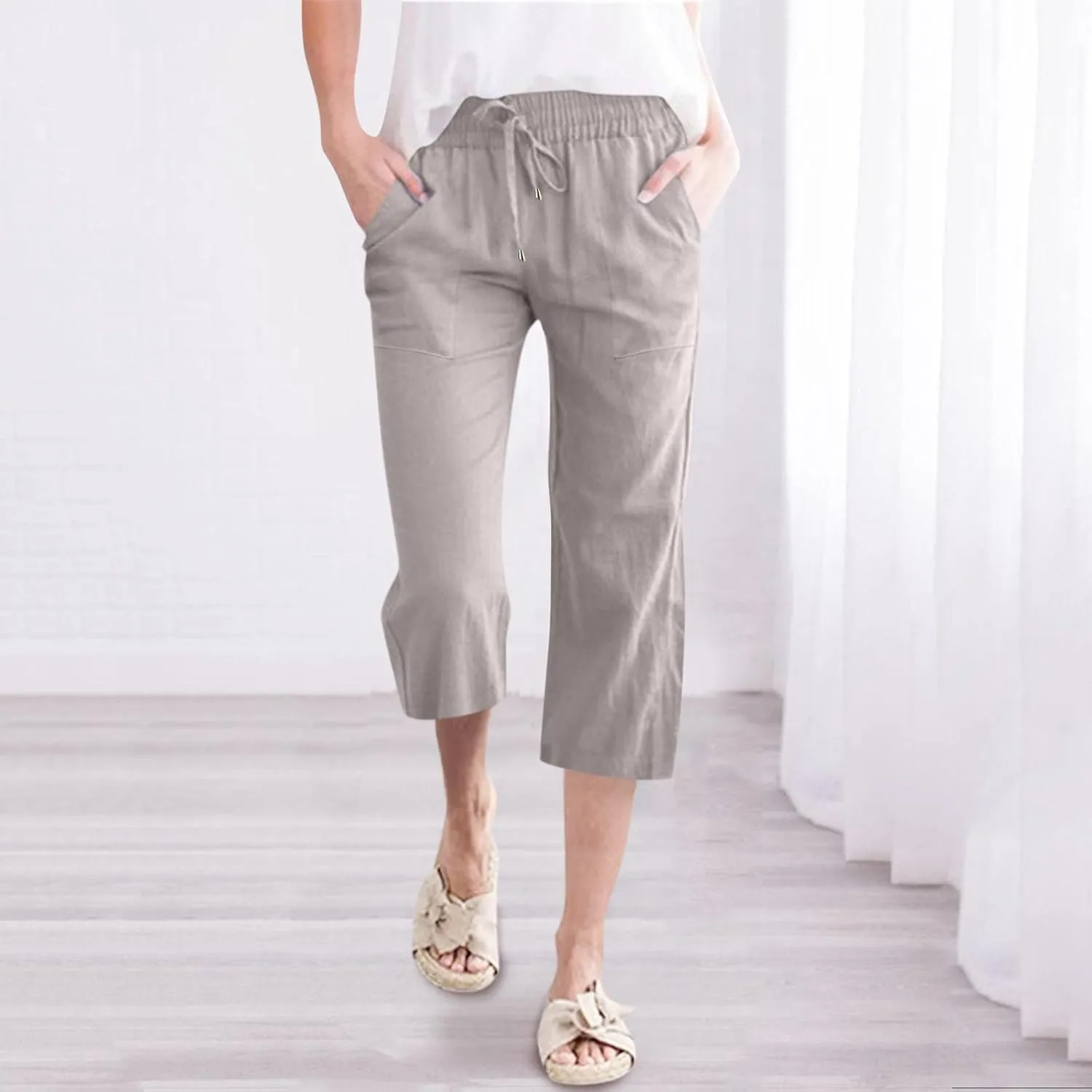 Linen Capri Pants for Women Summer 2025 Fashion Wide Leg Casual Pants Lightweight Loose Cropped Trousers with Pockets