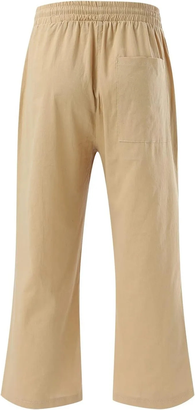 Linen Capri Pants for Women Summer 2025 Fashion Wide Leg Casual Pants Lightweight Loose Cropped Trousers with Pockets