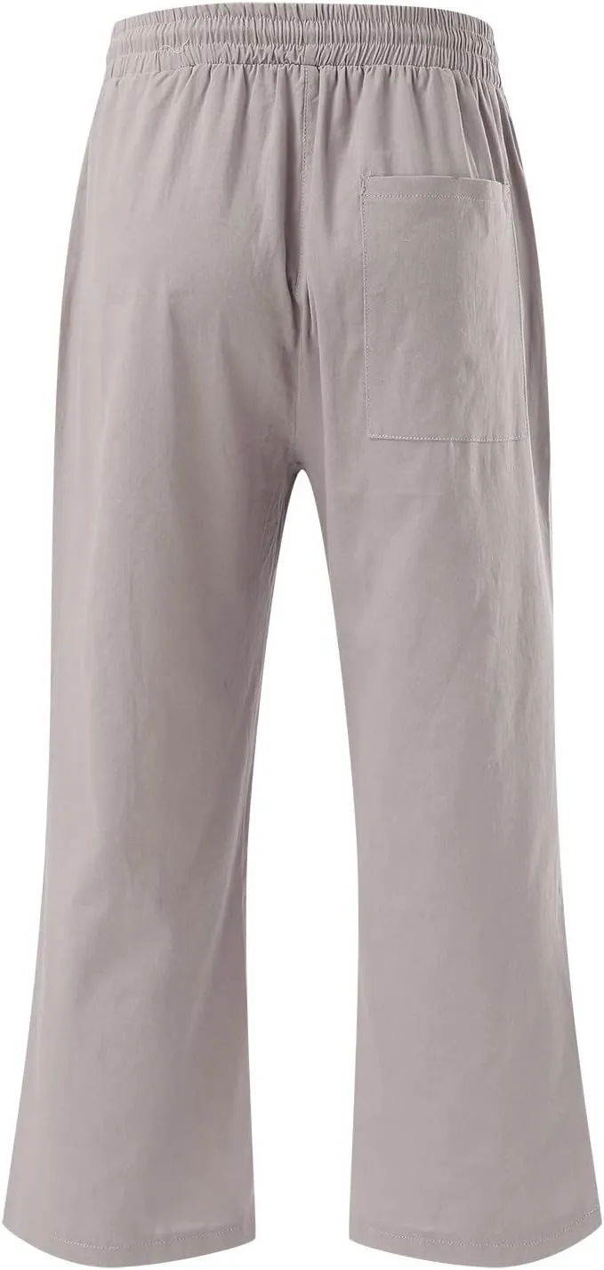 Linen Capri Pants for Women Summer 2025 Fashion Wide Leg Casual Pants Lightweight Loose Cropped Trousers with Pockets