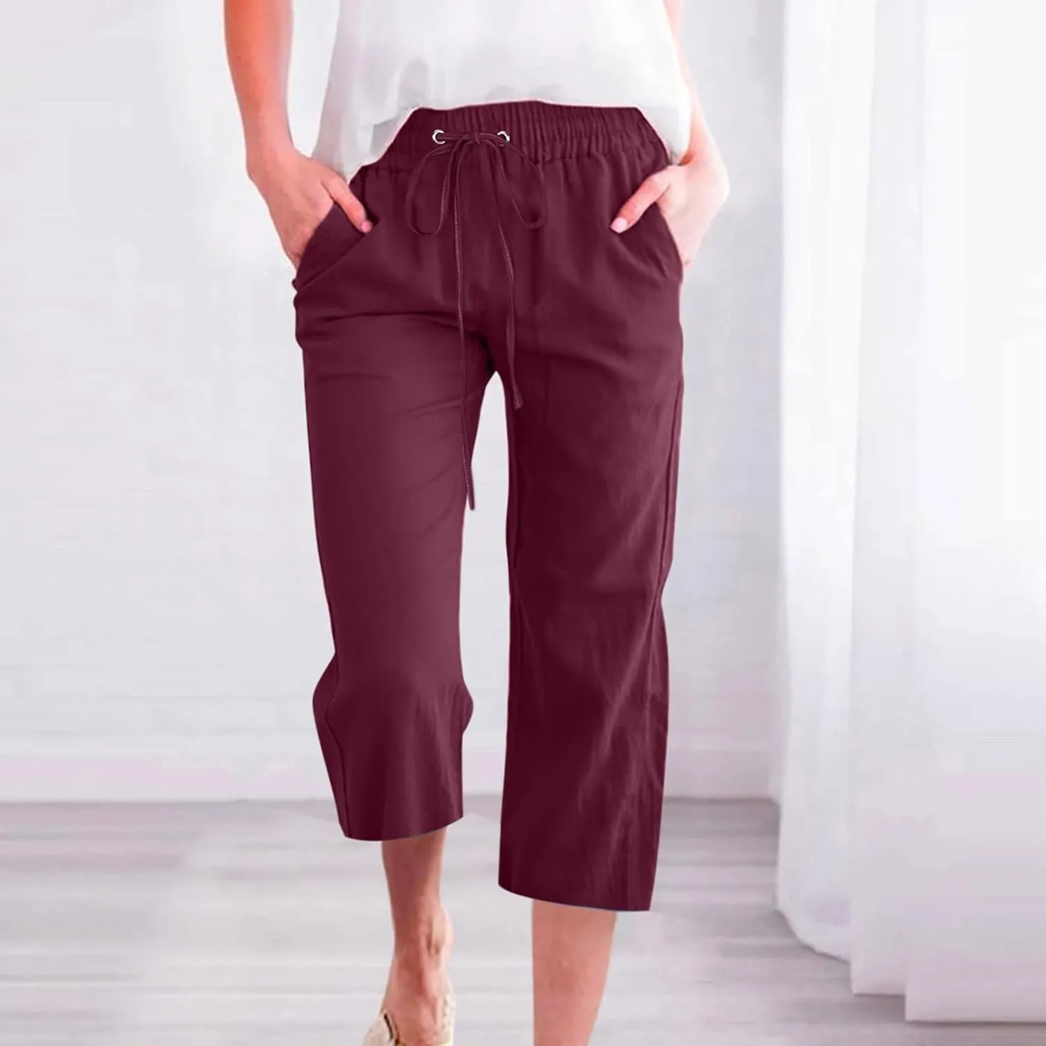 Linen Capri Pants for Women Summer 2025 Fashion Wide Leg Casual Pants Lightweight Loose Cropped Trousers with Pockets