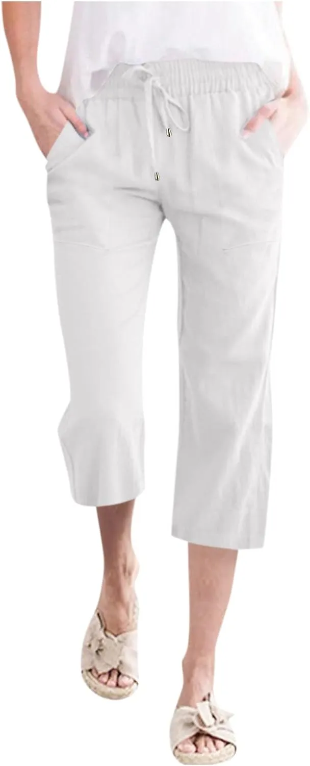 Linen Capri Pants for Women Summer 2025 Fashion Wide Leg Casual Pants Lightweight Loose Cropped Trousers with Pockets
