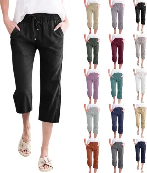 Linen Capri Pants for Women Summer 2025 Fashion Wide Leg Casual Pants Lightweight Loose Cropped Trousers with Pockets